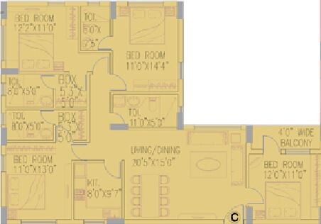 Floor plan of 4 BHK 1996 Sq. Ft. Apartment in Space Club Town Heights, Kolkata