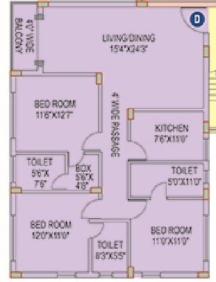 Floor plan of 2 BHK 1657 Sq. Ft. Apartment in Space Club Town Riverdale, Kolkata