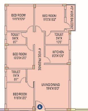 Floor plan of 4 BHK 1835 Sq. Ft. Apartment in Space Club Town Riverdale, Kolkata