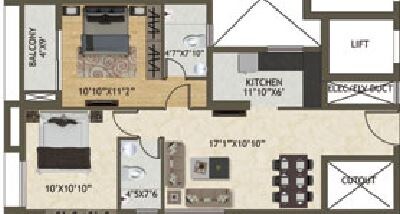 Floor plan of 2 BHK 1034 Sq. Ft. Apartment in Space Kshitij, Kolkata