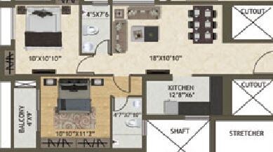 Floor plan of 2 BHK 1048 Sq. Ft. Apartment in Space Kshitij, Kolkata