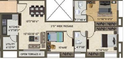 Floor plan of 2 BHK 1177 Sq. Ft. Apartment in Space Kshitij, Kolkata