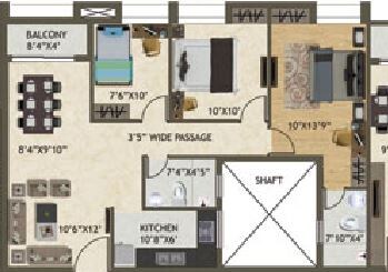 Floor plan of 2 BHK 1232 Sq. Ft. Apartment in Space Kshitij, Kolkata
