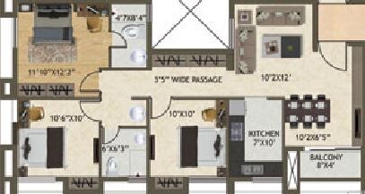 Floor plan of 3 BHK 1326 Sq. Ft. Apartment in Space Kshitij, Kolkata