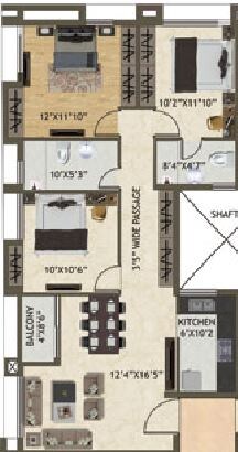Floor plan of 3 BHK 1331 Sq. Ft. Apartment in Space Kshitij, Kolkata