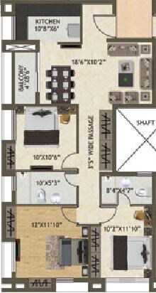Floor plan of 3 BHK 1338 Sq. Ft. Apartment in Space Kshitij, Kolkata