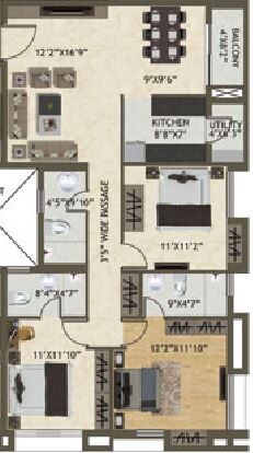 Floor plan of 3 BHK 1529 Sq. Ft. Apartment in Space Kshitij, Kolkata