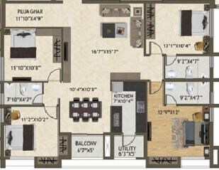 Floor plan of 4 BHK 1970 Sq. Ft. Apartment in Space Kshitij, Kolkata