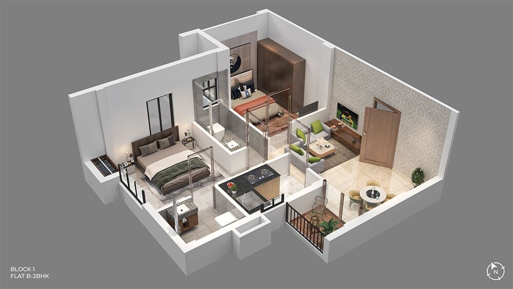 Floor plan of 2 BHK 676 Sq. Ft. Apartment in Squaremark Mohorkoonjo, Kolkata