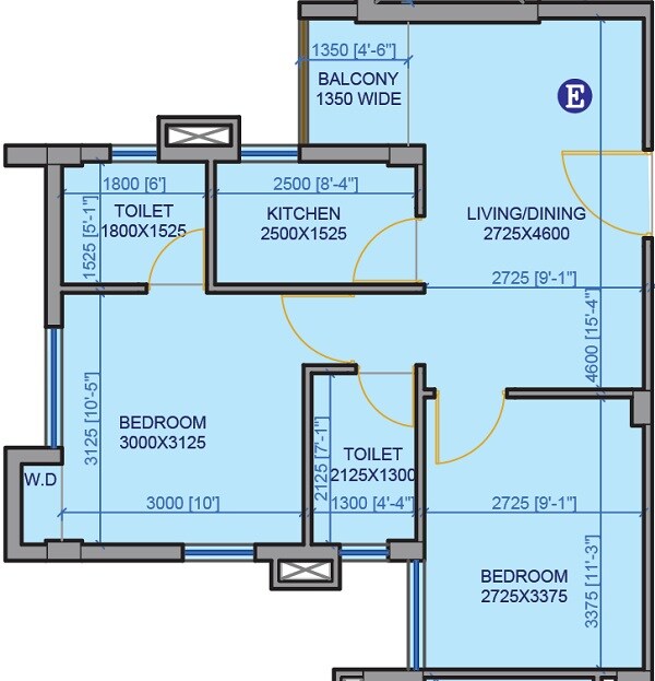Floor plan of 2 BHK 766 Sq. Ft. Apartment in Squaremark Mohorkoonjo, Kolkata