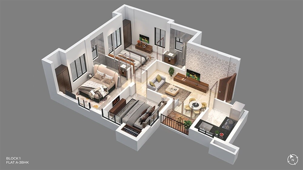 Floor plan of 3 BHK 948 Sq. Ft. Apartment in Squaremark Mohorkoonjo, Kolkata