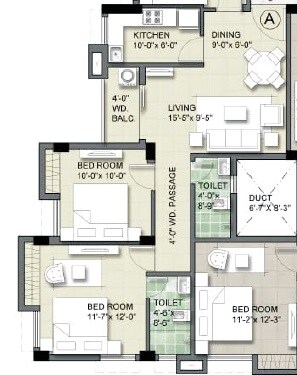Floor plan of 3 BHK 1503 Sq. Ft. Apartment in Sri Gopal Apartment, Kolkata