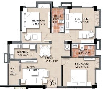 Floor plan of 3 BHK 1595 Sq. Ft. Apartment in Sri Gopal Apartment, Kolkata