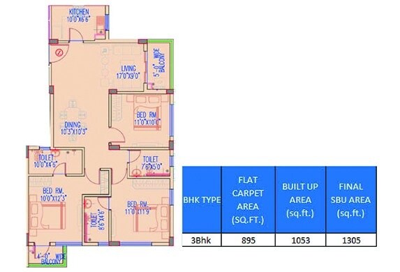 3 BHK 1305 Sq. Ft. Apartment