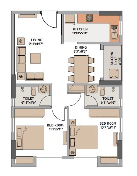 Floor plan of 3 BHK 1410 Sq. Ft. Apartment in Srijan Laguna, Kolkata
