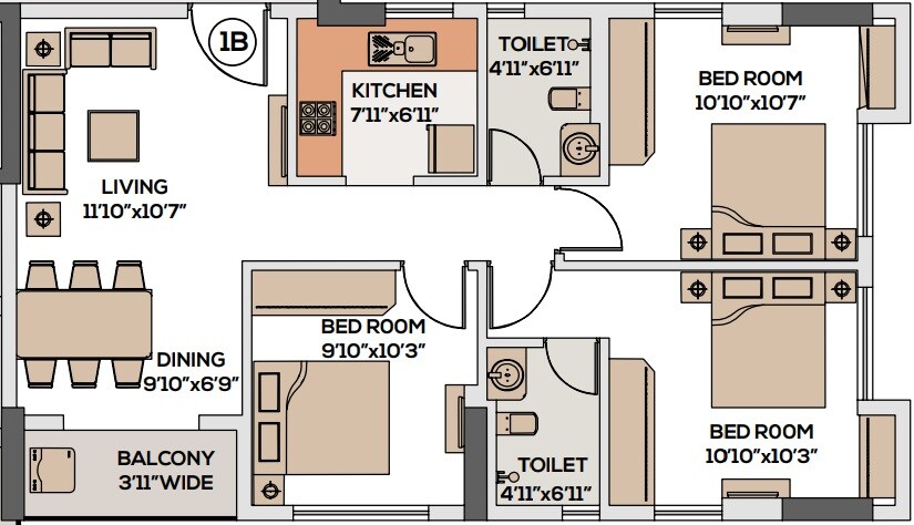 Floor plan of 3 BHK 1304 Sq. Ft. Apartment in Srijan Laguna, Kolkata