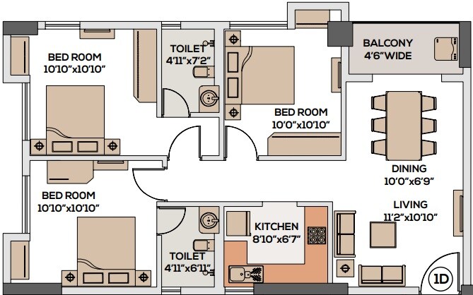 Floor plan of 3 BHK 1369 Sq. Ft. Apartment in Srijan Laguna, Kolkata