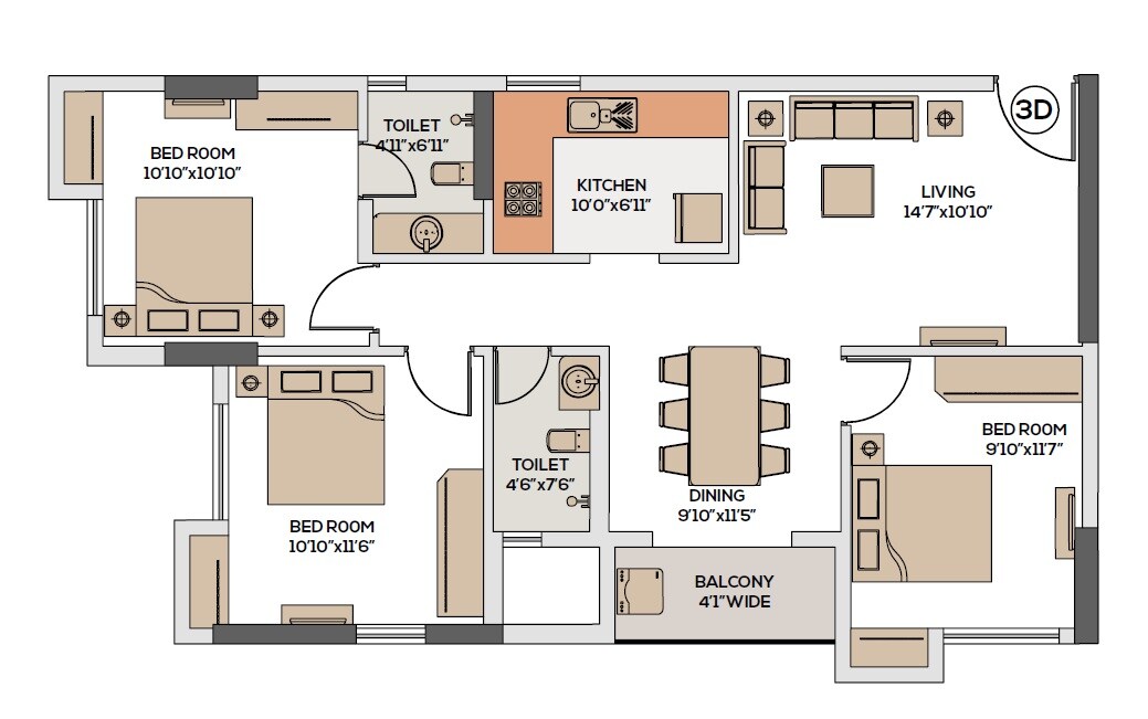 Floor plan of 3 BHK 1456 Sq. Ft. Apartment in Srijan Laguna, Kolkata
