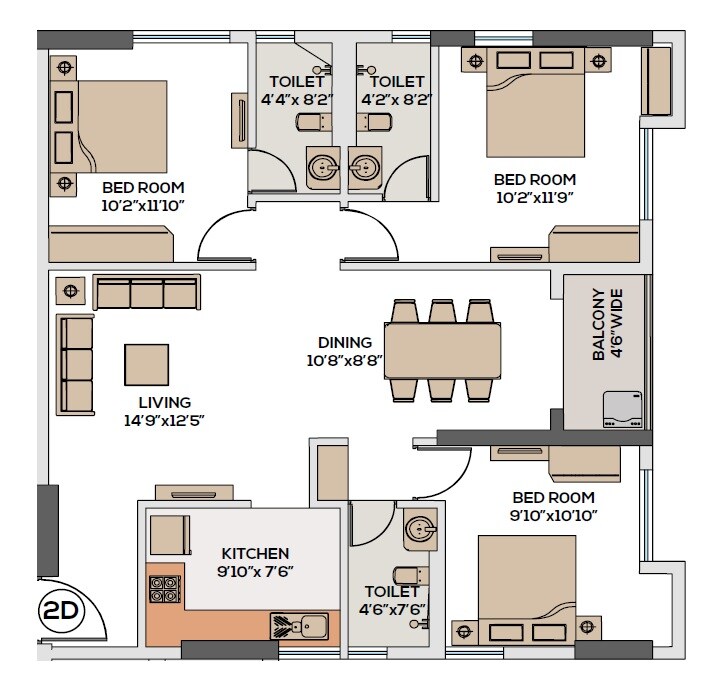 Floor plan of 3 BHK 1568 Sq. Ft. Apartment in Srijan Laguna, Kolkata
