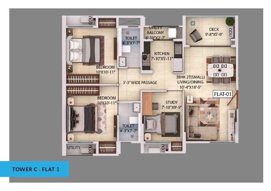 Floor plan of 3 BHK 1699 Sq. Ft. Apartment in Srijan Optima, Kolkata