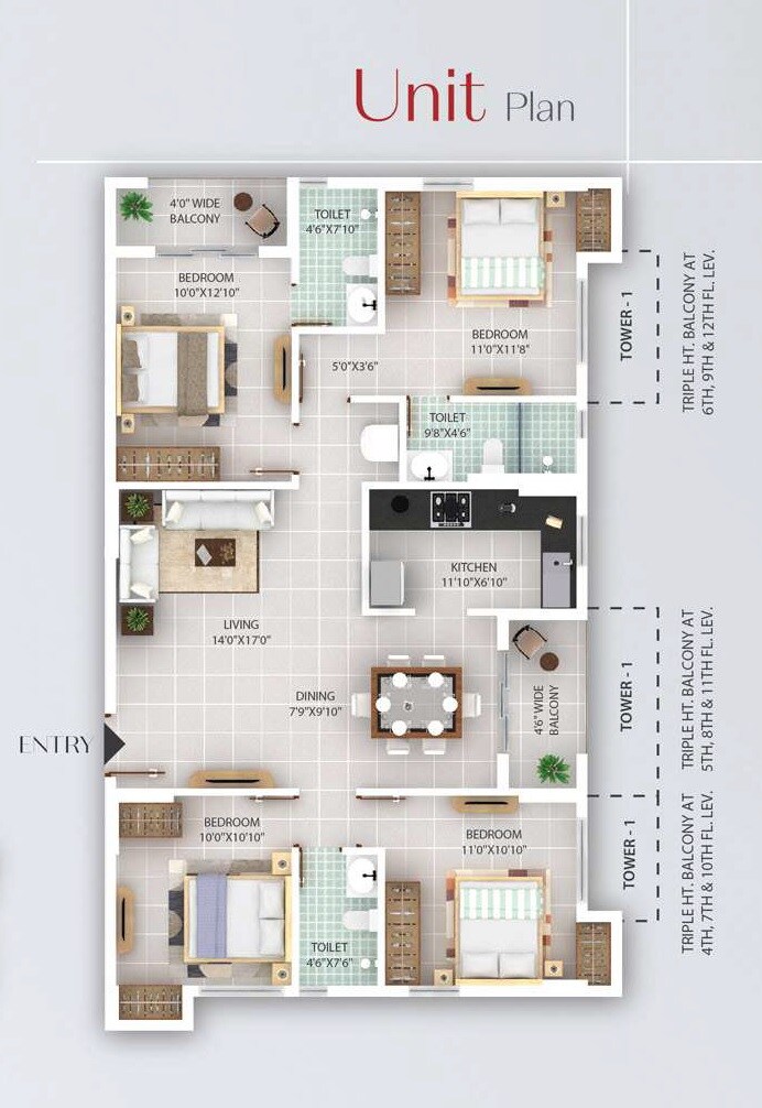 Floor plan of 4 BHK Apartment - 1902 sq. ft. in Sriji Insignia, Kolkata