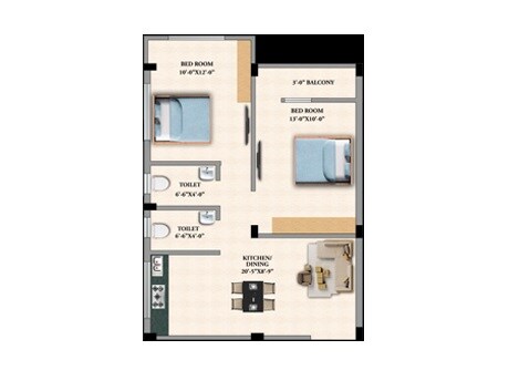 Floor plan of 2 BHK Apartment - 850 sq. ft. in Sriram Kailash Residency, Kolkata