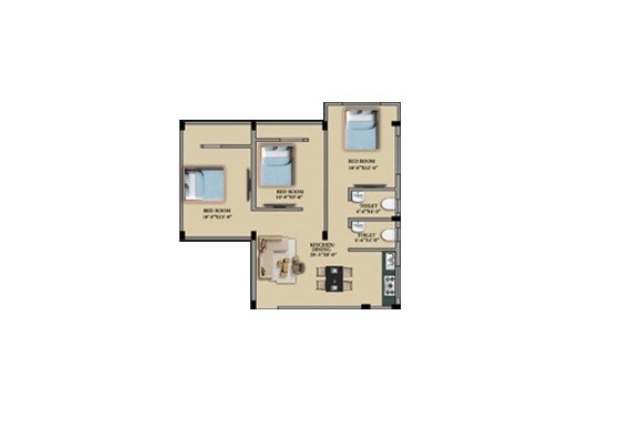 Floor plan of 3 BHK Apartment - 1000 sq. ft. in Sriram Kailash Residency, Kolkata