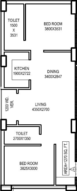 Floor plan of 2 BHK 1270 Sq. Ft. Apartment in Star Prime, Kolkata