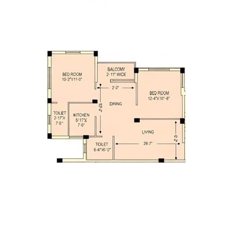 Floor plan of 2 BHK 1100 Sq. Ft. Apartment in Starlite Sunny Seasons, Kolkata
