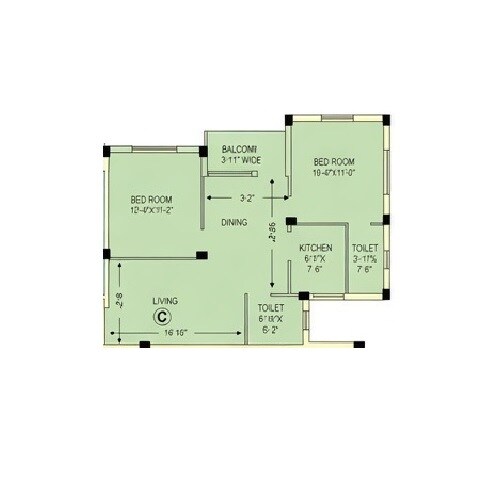 Floor plan of 2 BHK 835 Sq. Ft. Apartment in Starlite Sunny Seasons, Kolkata