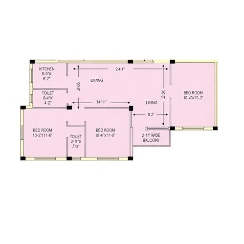 Floor plan of 3 BHK 1230 Sq. Ft. Apartment in Starlite Sunny Seasons, Kolkata