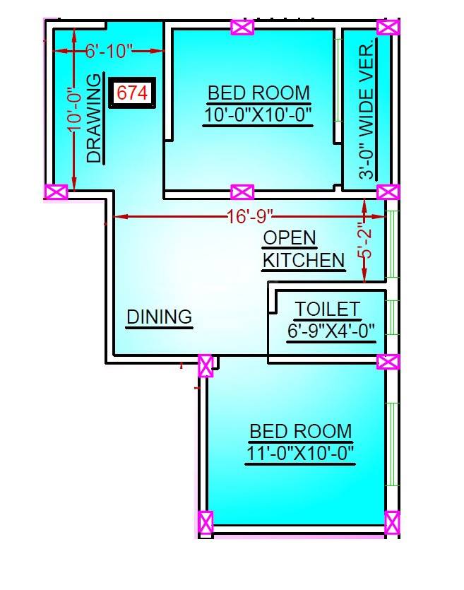 Floor plan of 2 BHK 674 Sq. Ft. Apartment in STT Vamika Abasan, Kolkata