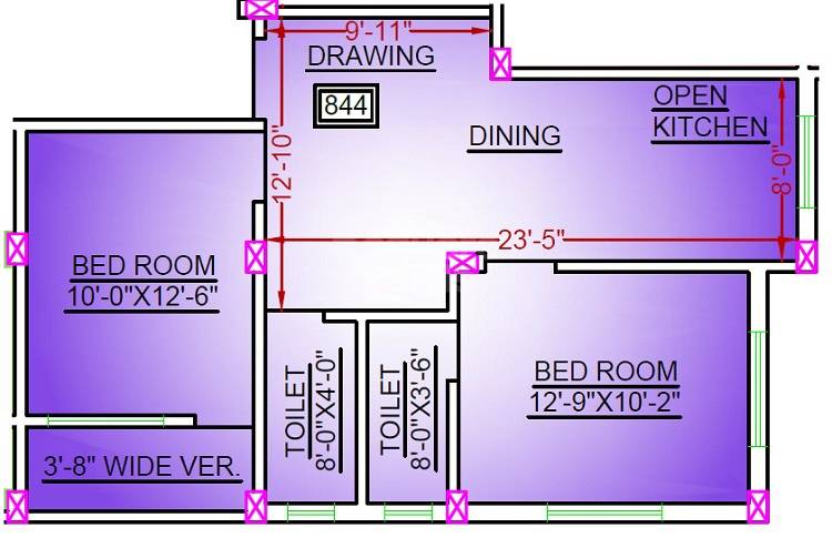 Floor plan of 2 BHK 844 Sq. Ft. Apartment in STT Vamika Abasan, Kolkata