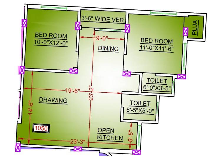 Floor plan of 3 BHK 1050 Sq. Ft. Apartment in STT Vamika Abasan, Kolkata