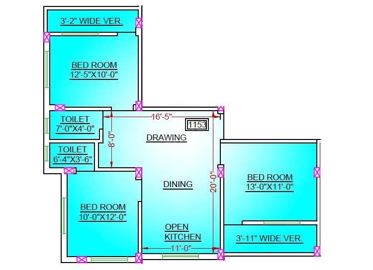Floor plan of 3 BHK 1153 Sq. Ft. Apartment in STT Vamika Abasan, Kolkata