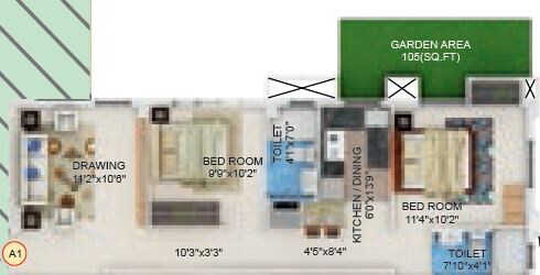 Floor plan of 2 BHK 982 Sq. Ft. Apartment in Sugam Habitat, Kolkata