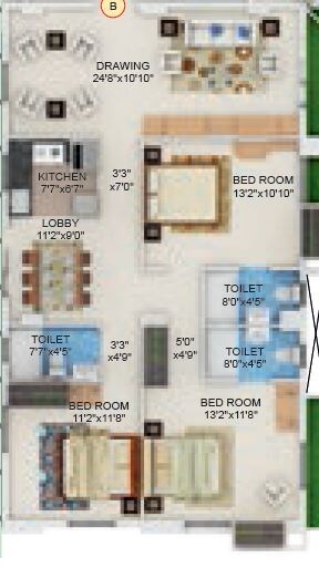 Floor plan of 3 BHK 1525 Sq. Ft. Apartment in Sugam Habitat, Kolkata