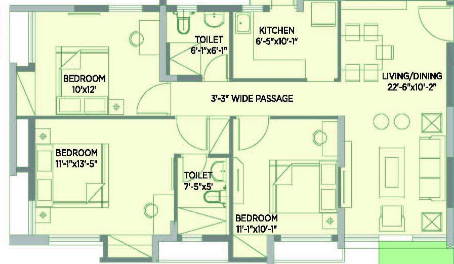 Floor plan of 3 BHK Apartment - 1164 sq. ft. in Sugam Morya, Kolkata