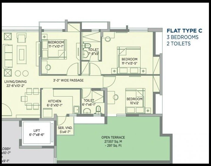 Floor plan of 3 BHK Apartment - 1036 sq. ft. in Sugam Morya, Kolkata