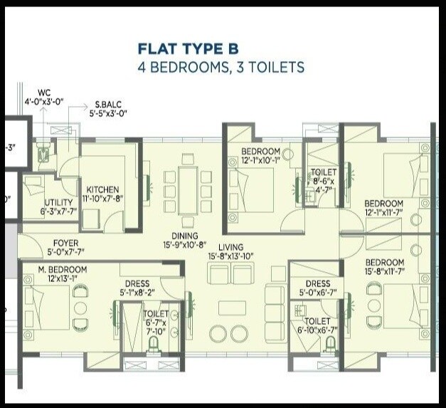 Floor plan of 4 BHK Apartment - 1967 sq. ft. in Sugam Morya, Kolkata
