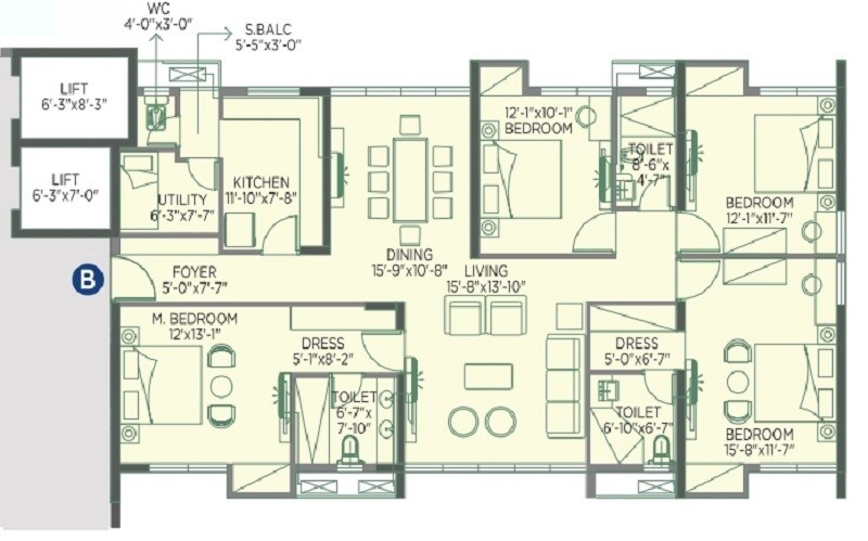 Floor plan of 4 BHK Apartment - 1689 sq. ft. in Sugam Morya, Kolkata