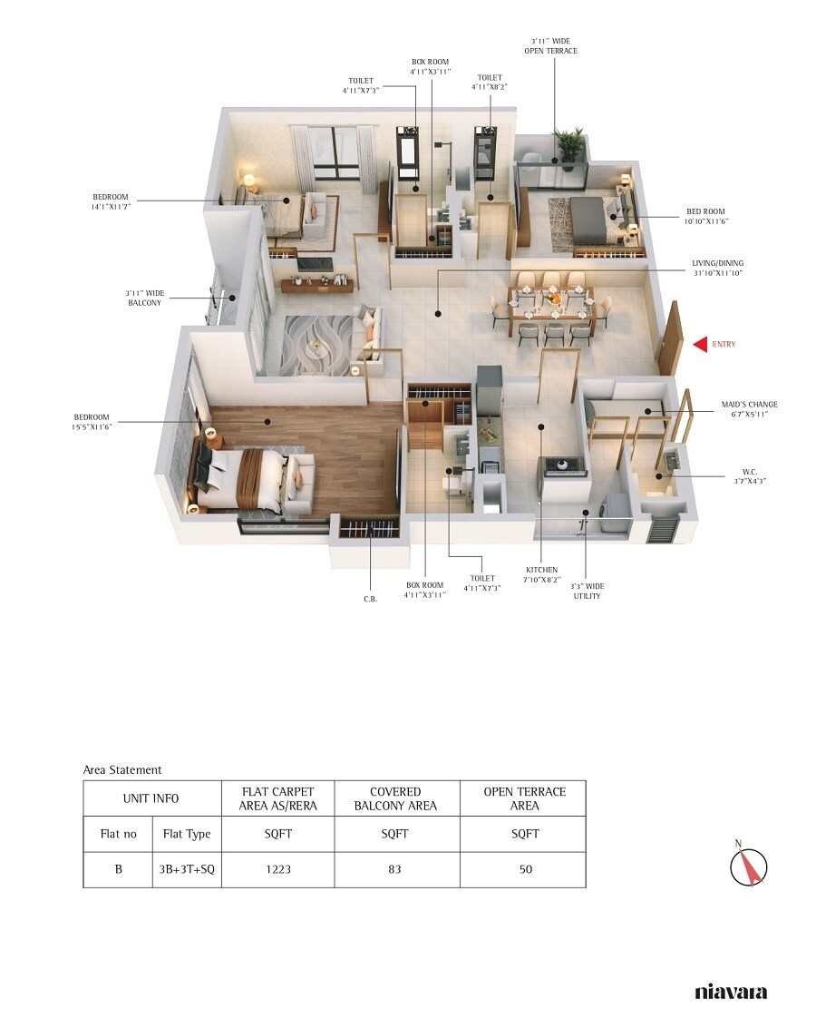 Floor plan of 3 BHK 1223 Sq. Ft. Apartment in Sugam Niavara, Kolkata