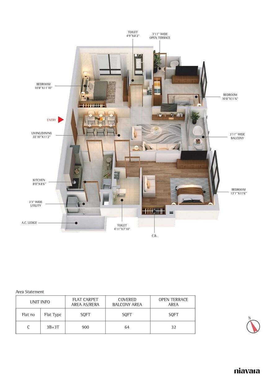 Floor plan of 3 BHK 900 Sq. Ft. Apartment in Sugam Niavara, Kolkata