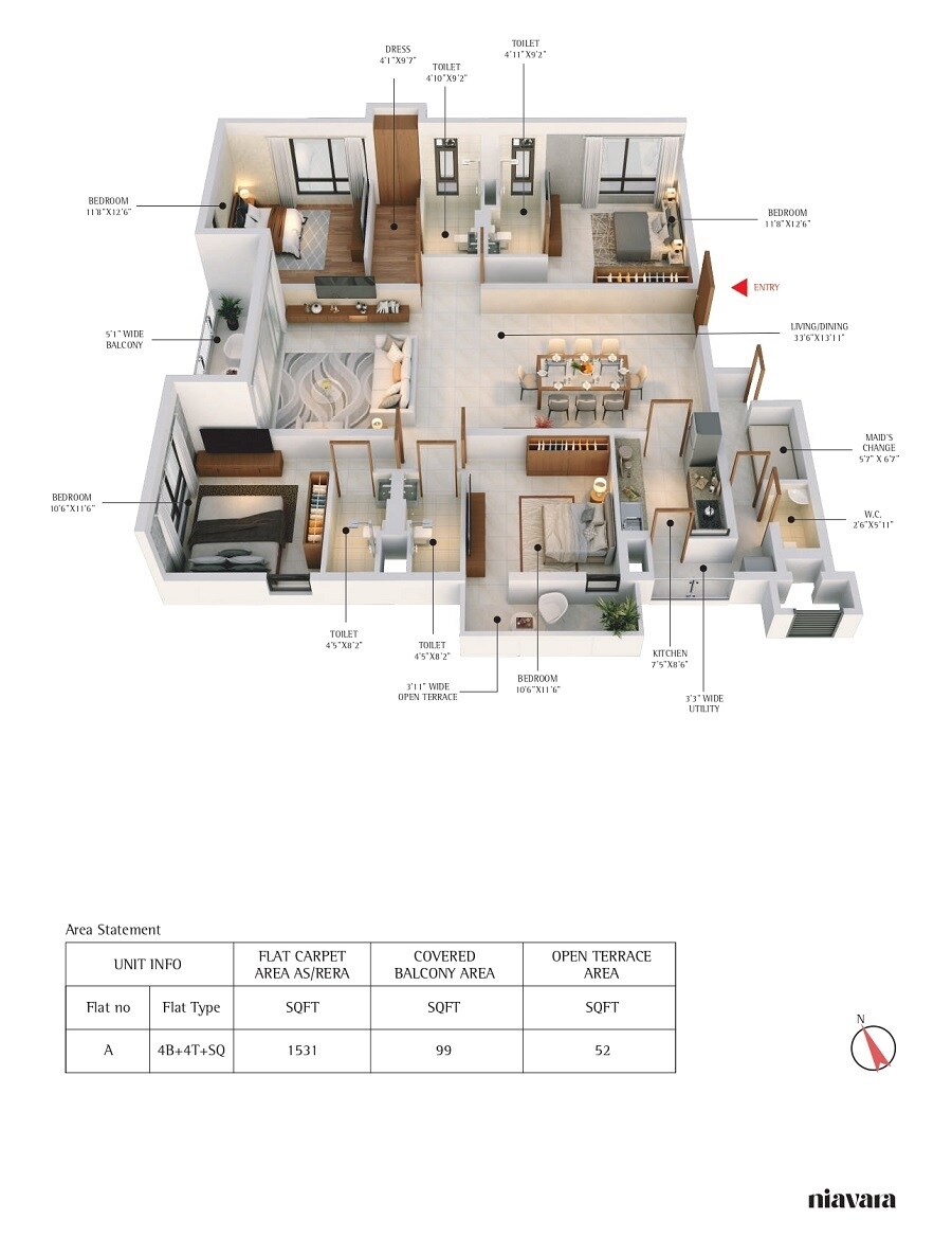 Floor plan of 4 BHK 1531 Sq. Ft. Apartment in Sugam Niavara, Kolkata