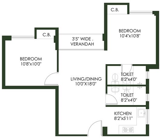 Floor plan of 2 BHK 507 Sq. Ft. Apartment in Sugam Prakriti, Kolkata