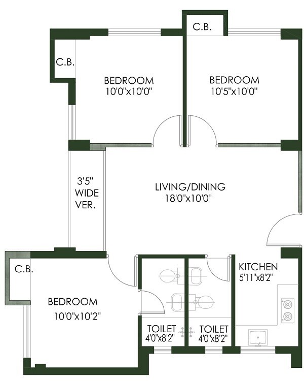 Floor plan of 3 BHK 643 Sq. Ft. Apartment in Sugam Prakriti, Kolkata