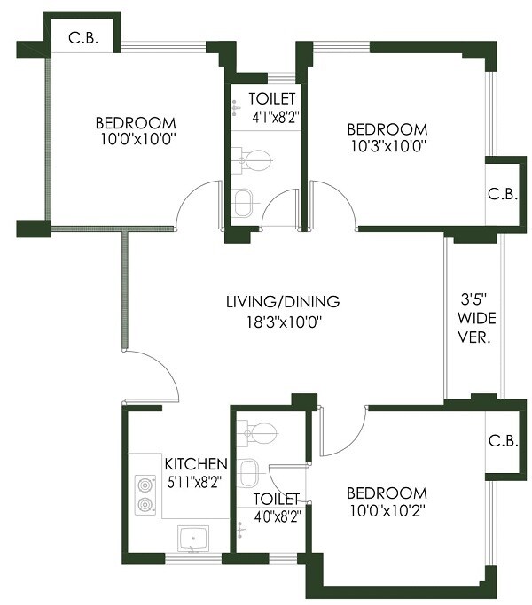 Floor plan of 3 BHK 645 Sq. Ft. Apartment in Sugam Prakriti, Kolkata