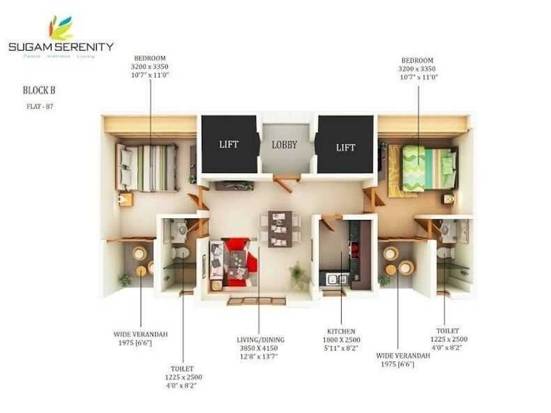 Floor plan of 2 BHK 962 Sq. Ft. Apartment in Sugam Serenity, Kolkata