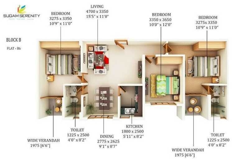 Floor plan of 3 BHK 1264 Sq. Ft. Apartment in Sugam Serenity, Kolkata
