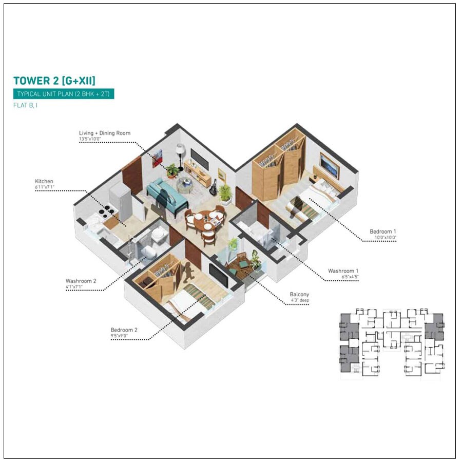 Floor plan of 2 BHK 881 Sq. Ft. Apartment in Sugam Urban Lakes, Kolkata